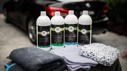 Car wash and glass cleaning kit with ABSOLUTE, COATED, SNOW WASH and CLARITY 1L, drying towel, cloth and wash mitt