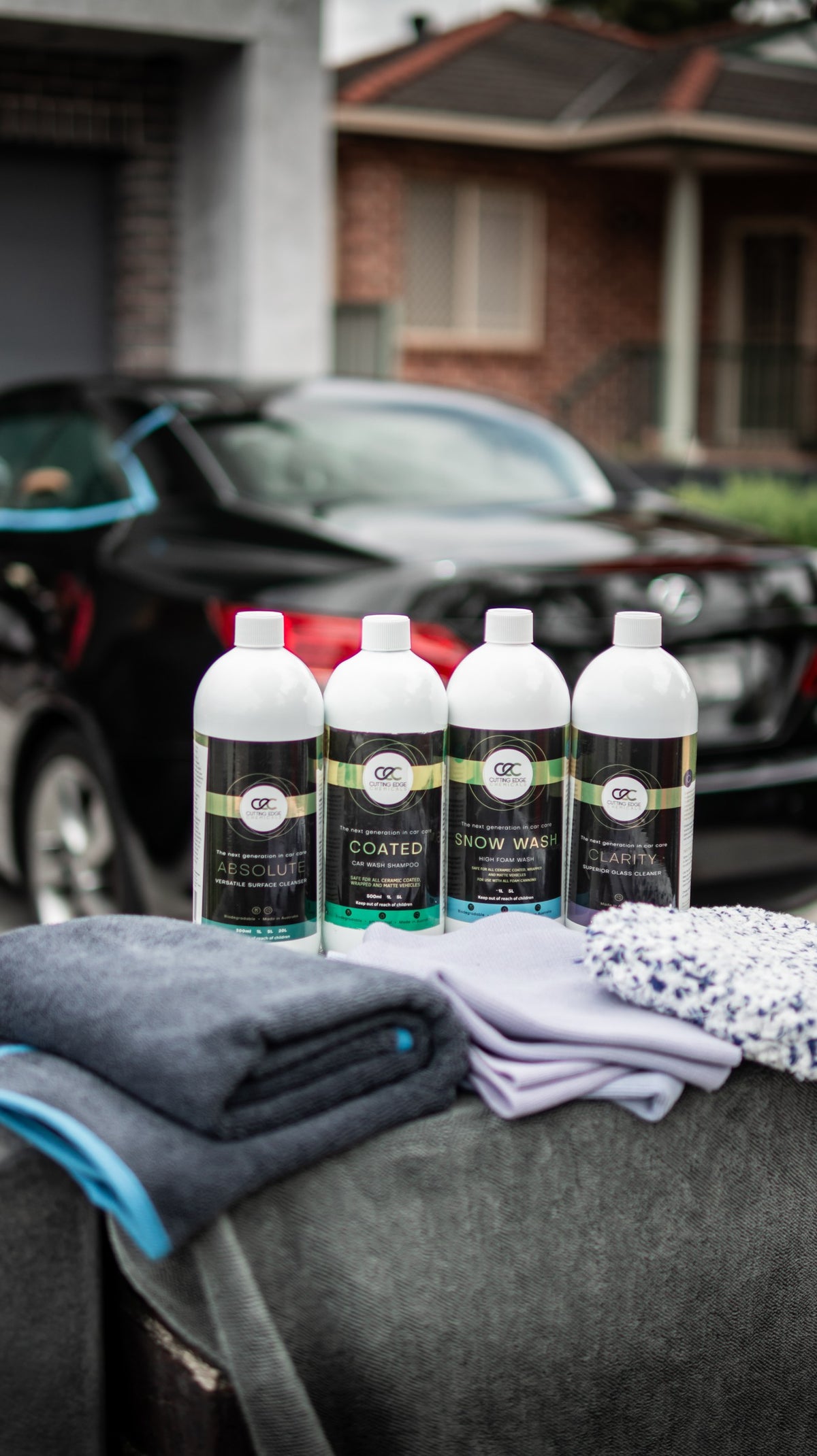 Car wash and glass cleaning kit with ABSOLUTE, COATED, SNOW WASH and CLARITY 1L, drying towel, cloth and wash mitt